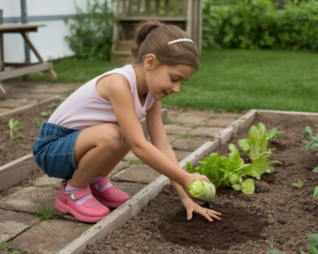 a litle girl doing organic farming in home